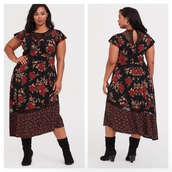 torrid Dresses & Skirts - TORRID Black Lace & Studio Knit Red Floral Asymmetrical hem midi dress sz 1